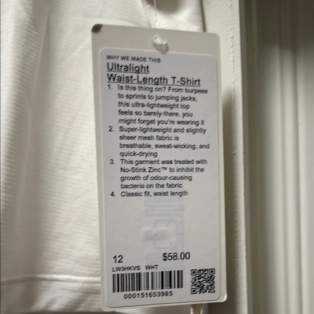 Lululemon Women’s Ultralight Waist-Length T-Shirt in White, Size 12 - Picture 2 of 4